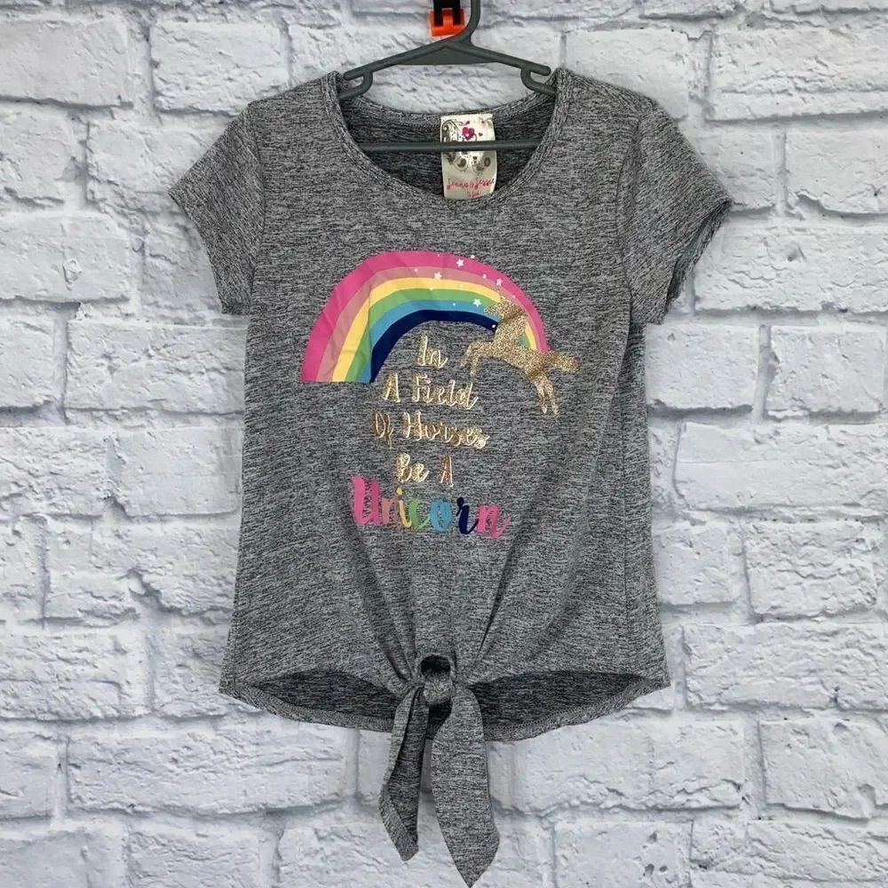 Jenna & Jessie short sleeve Crewneck tie front unicorn top grey sz 8
